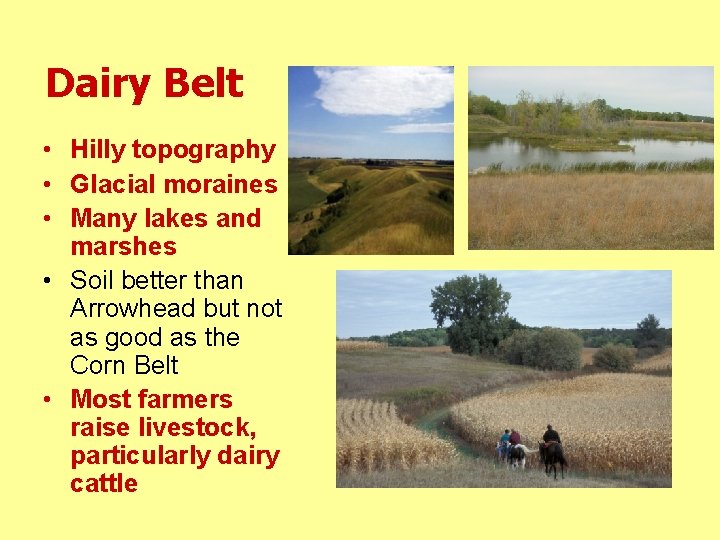 Dairy Belt • Hilly topography • Glacial moraines • Many lakes and marshes •