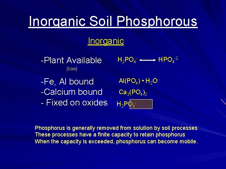 Inorganic Soil Phosphorous Inorganic -Plant Available H 2 PO 4 - HPO 4 -2