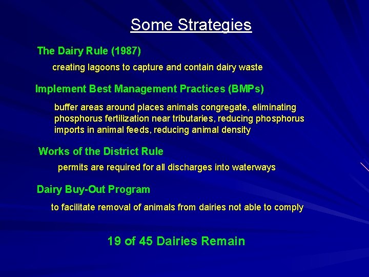 Some Strategies The Dairy Rule (1987) creating lagoons to capture and contain dairy waste Some Strategies The Dairy Rule (1987) creating lagoons to capture and contain dairy waste