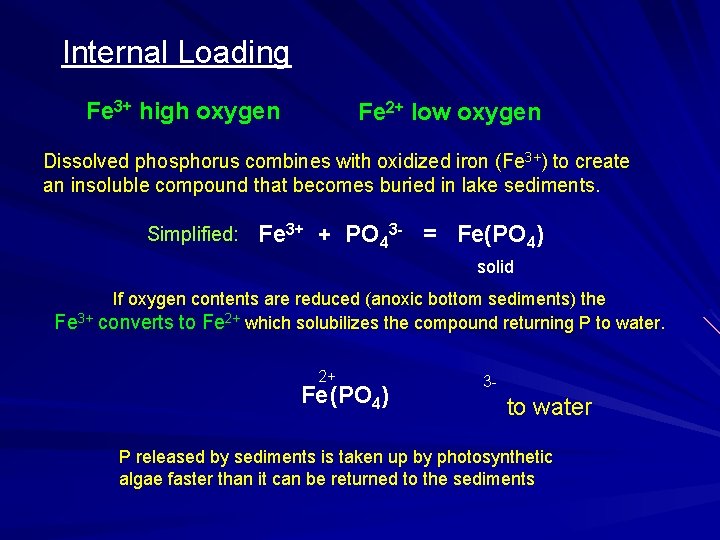 Internal Loading Fe 3+ high oxygen Fe 2+ low oxygen Dissolved phosphorus combines with
