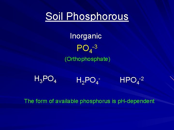 Soil Phosphorous Inorganic PO 4 -3 (Orthophosphate) H 3 PO 4 H 2 PO