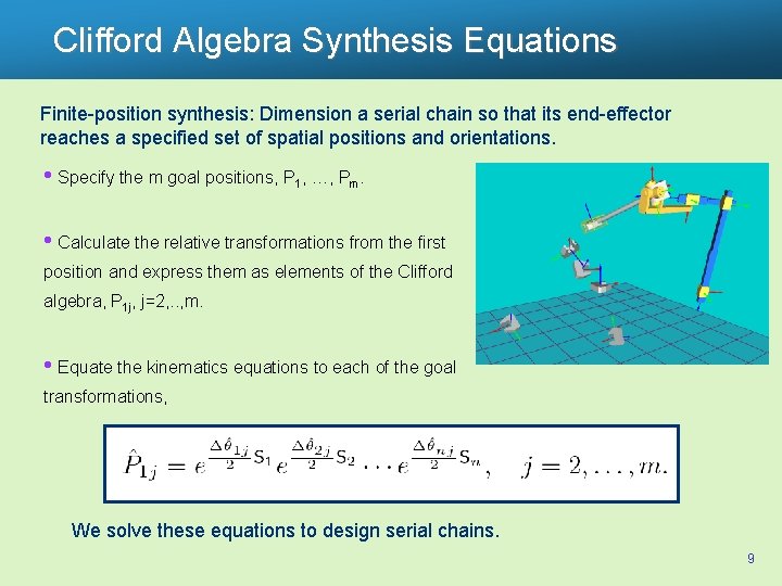 Clifford Algebra Synthesis Equations Finite-position synthesis: Dimension a serial chain so that its end-effector