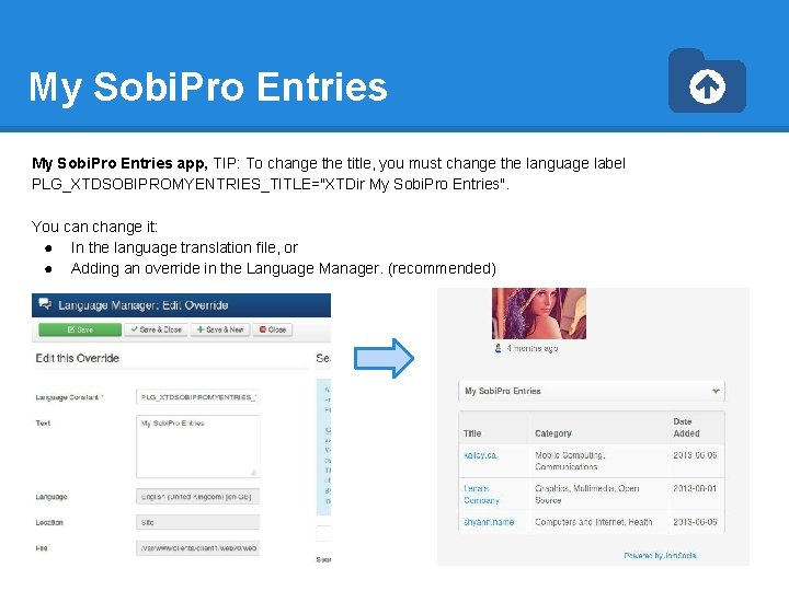 My Sobi. Pro Entries app, TIP: To change the title, you must change the