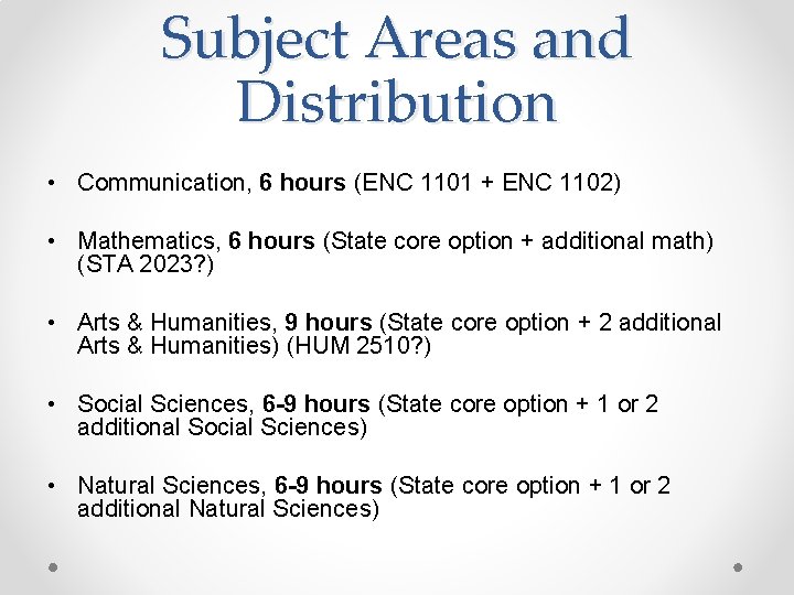 Subject Areas and Distribution • Communication, 6 hours (ENC 1101 + ENC 1102) •