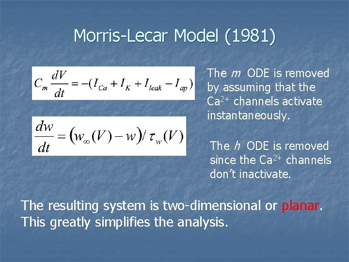 Morris-Lecar Model (1981) The m ODE is removed by assuming that the Ca 2+