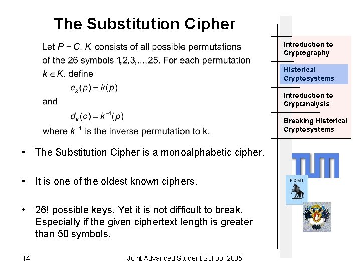 The Substitution Cipher Introduction to Cryptography Historical Cryptosystems Introduction to Cryptanalysis Breaking Historical Cryptosystems