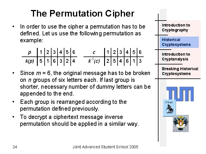 The Permutation Cipher • In order to use the cipher a permutation has to