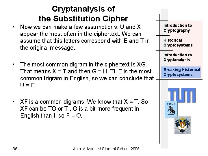 Cryptanalysis of the Substitution Cipher • Now we can make a few assumptions. U