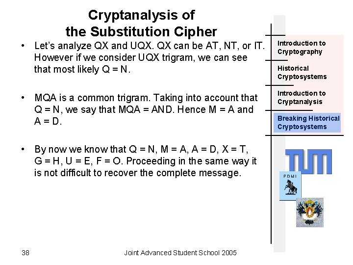 Cryptanalysis of the Substitution Cipher • Let’s analyze QX and UQX. QX can be