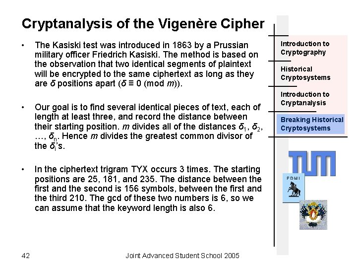 Cryptanalysis of the Vigenère Cipher • • • 42 The Kasiski test was introduced