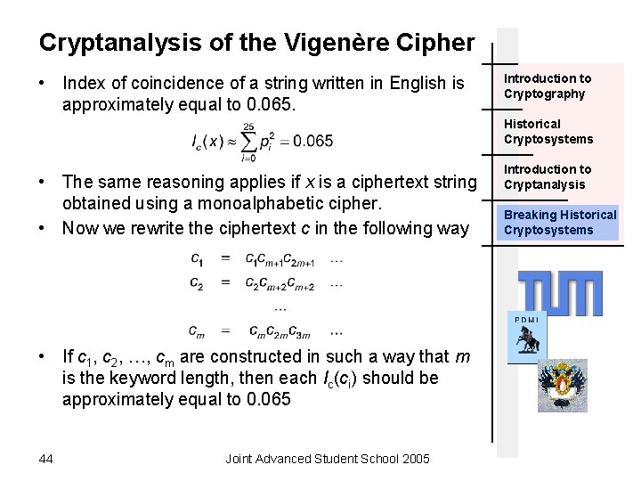 Cryptanalysis of the Vigenère Cipher • Index of coincidence of a string written in