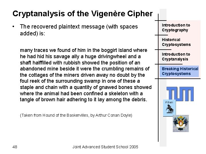 Cryptanalysis of the Vigenère Cipher • The recovered plaintext message (with spaces added) is: