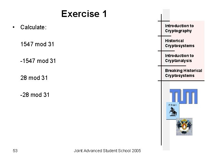 Exercise 1 Introduction to Cryptography • Calculate: 1547 mod 31 Historical Cryptosystems -1547 mod