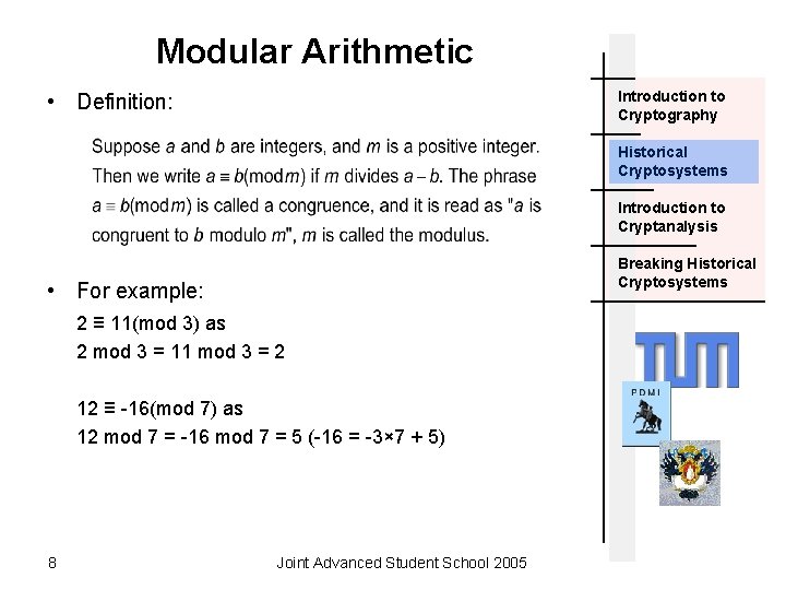 Modular Arithmetic Introduction to Cryptography • Definition: Historical Cryptosystems Introduction to Cryptanalysis Breaking Historical