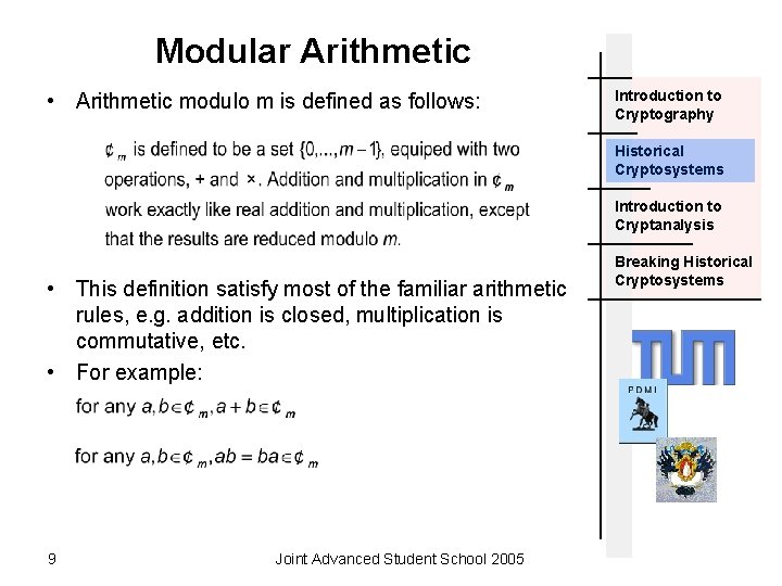 Modular Arithmetic • Arithmetic modulo m is defined as follows: Introduction to Cryptography Historical