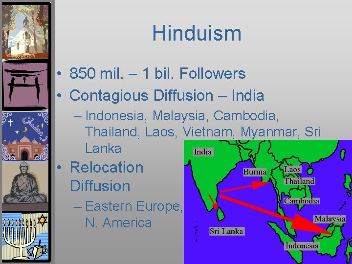 Hinduism • 850 mil. – 1 bil. Followers • Contagious Diffusion – India –