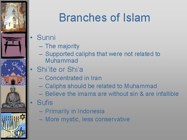 Branches of Islam • Sunni – The majority – Supported caliphs that were not