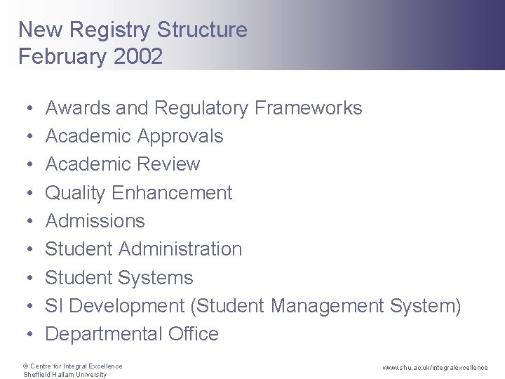 New Registry Structure February 2002 • • • Awards and Regulatory Frameworks Academic Approvals