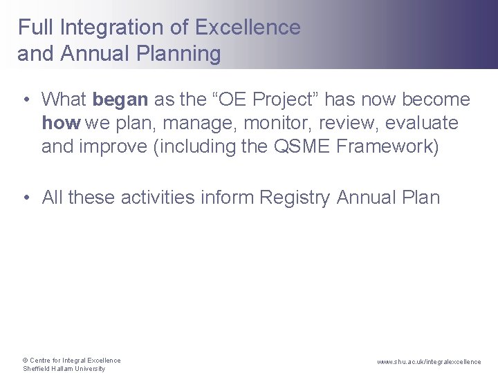 Full Integration of Excellence and Annual Planning • What began as the “OE Project”