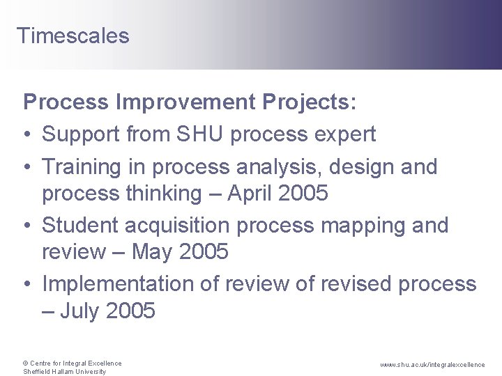 Timescales Process Improvement Projects: • Support from SHU process expert • Training in process