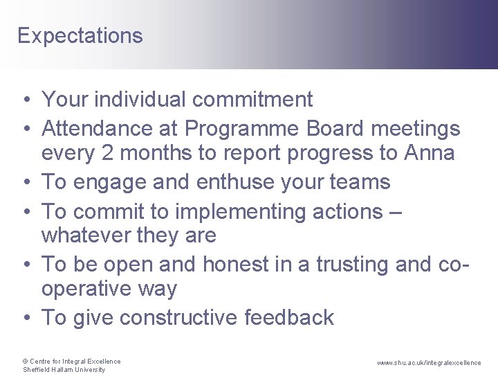 Expectations • Your individual commitment • Attendance at Programme Board meetings every 2 months