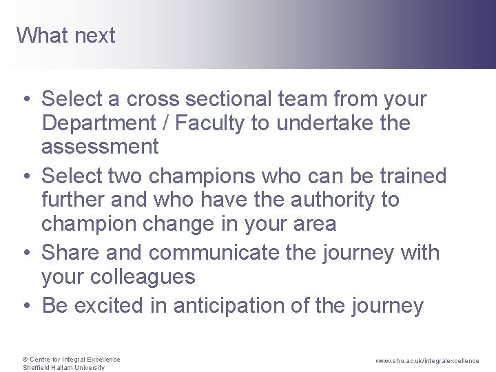 What next • Select a cross sectional team from your Department / Faculty to