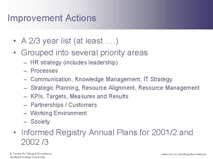 Improvement Actions • A 2/3 year list (at least …. ) • Grouped into