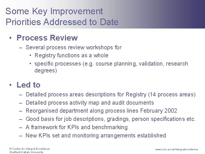 Some Key Improvement Priorities Addressed to Date • Process Review – Several process review