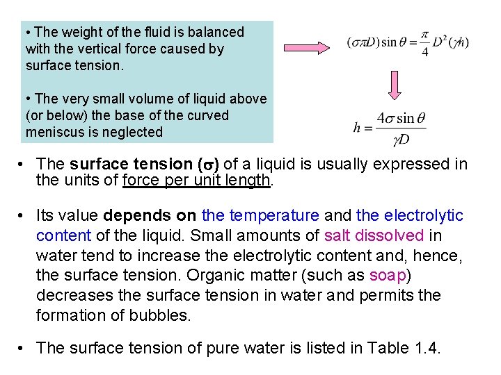  • The weight of the fluid is balanced with the vertical force caused