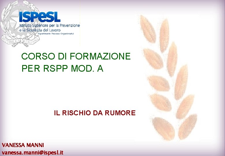 CORSO DI FORMAZIONE PER RSPP MOD. A IL RISCHIO DA RUMORE VANESSA MANNI vanessa.