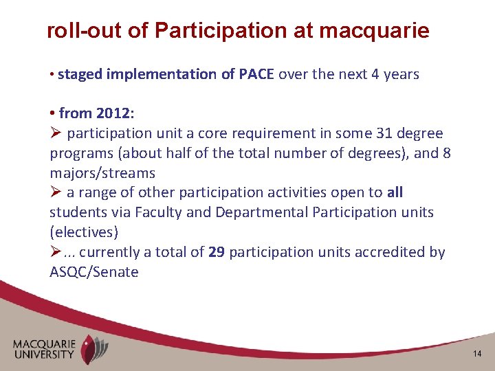 roll-out of Participation at macquarie • staged implementation of PACE over the next 4