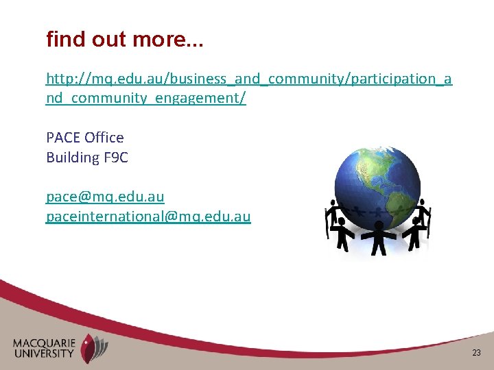 find out more. . . http: //mq. edu. au/business_and_community/participation_a nd_community_engagement/ PACE Office Building F