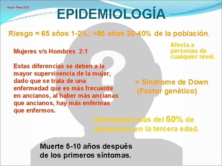 Arpon Files 2012 EPIDEMIOLOGÍA Riesgo = 65 años 1 -2%; >85 años 20 -40%