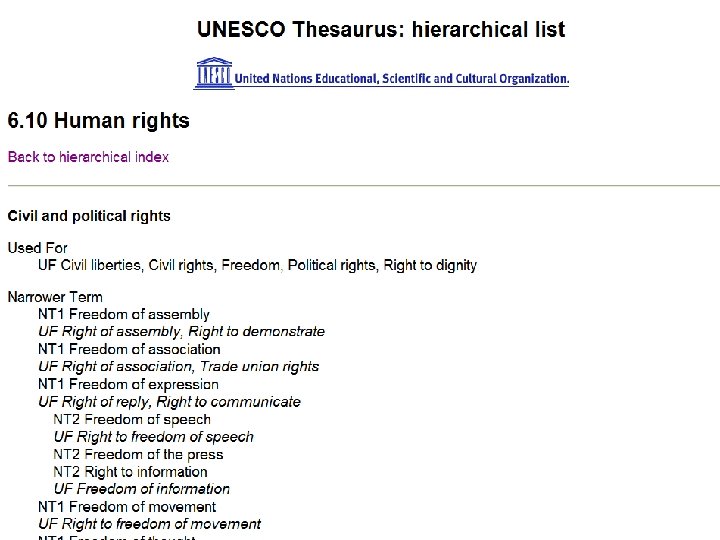 Thesaurus: Ø Ø controlled vocabulary structured hierarchically using BT, NT, RT non-preferred terms to