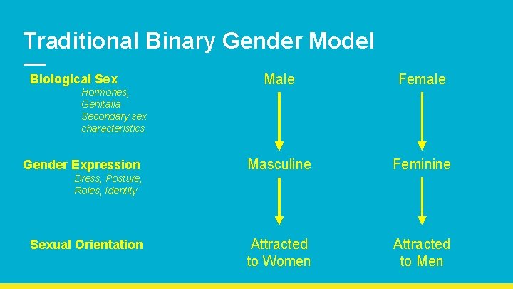 Traditional Binary Gender Model Biological Sex Hormones, Genitalia Secondary sex characteristics Gender Expression Male