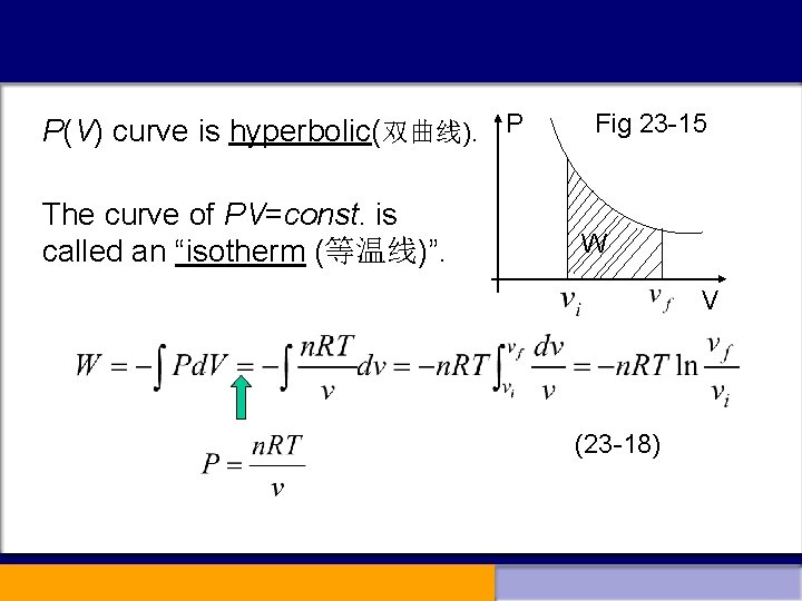 P(V) curve is hyperbolic(双曲线). P The curve of PV=const. is called an “isotherm (等温线)”.