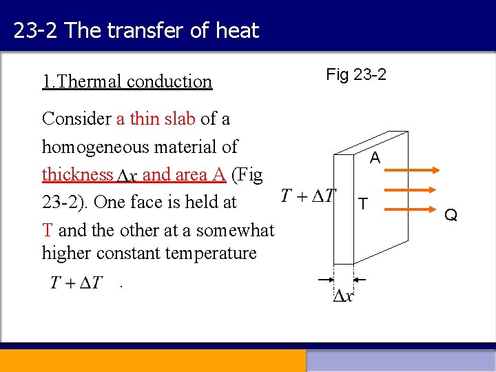 23 -2 The transfer of heat 1. Thermal conduction Consider a thin slab of