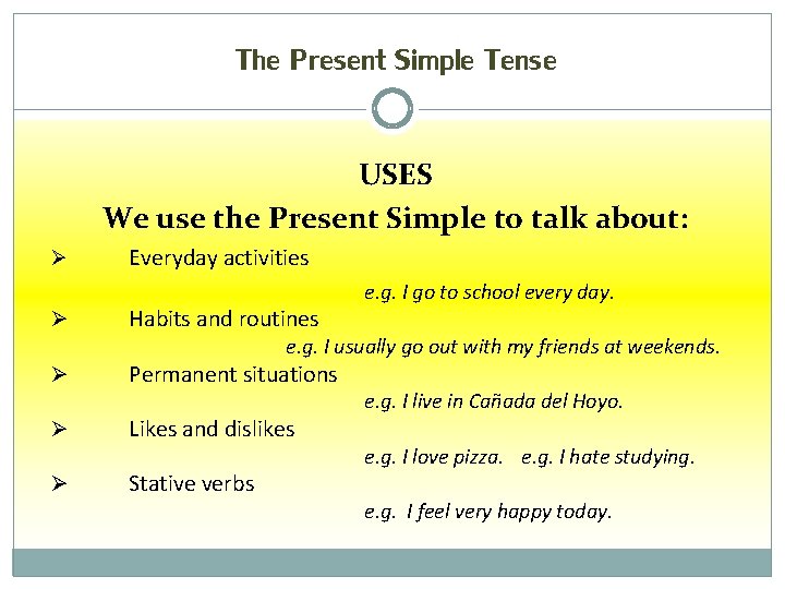 The Present Simple Tense USES We use the Present Simple to talk about: Ø