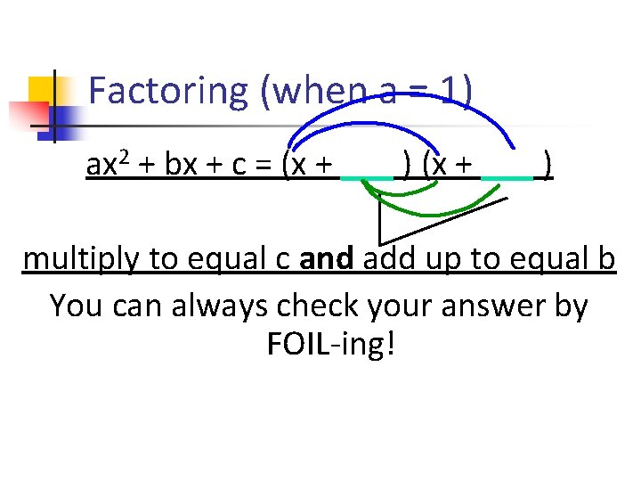 Factoring (when a = 1) ax 2 + bx + c = (x +