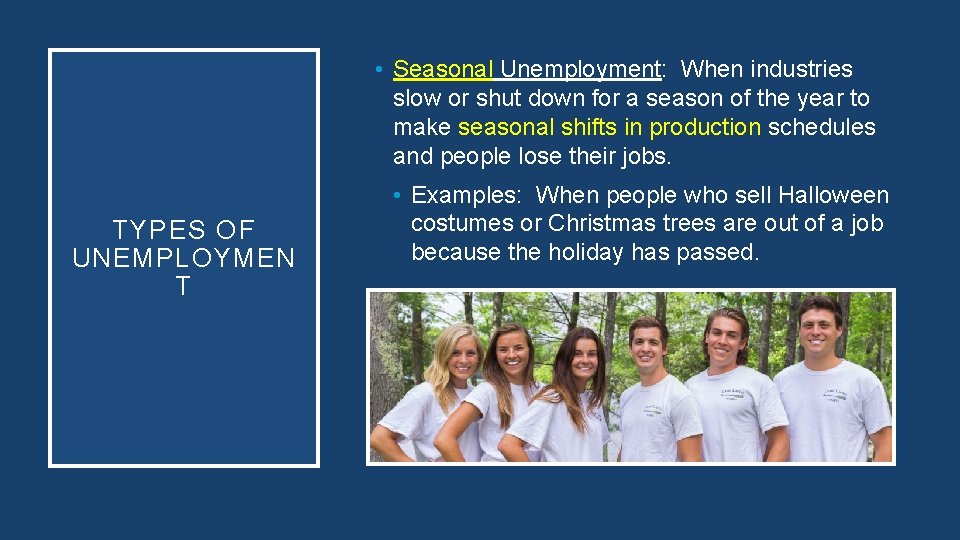  • Seasonal Unemployment: When industries slow or shut down for a season of