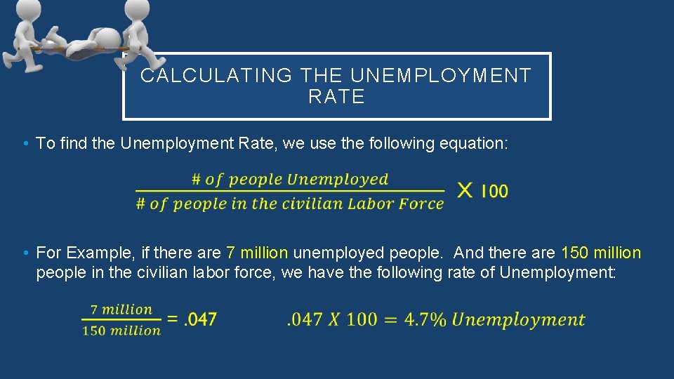 CALCULATING THE UNEMPLOYMENT RATE • To find the Unemployment Rate, we use the following