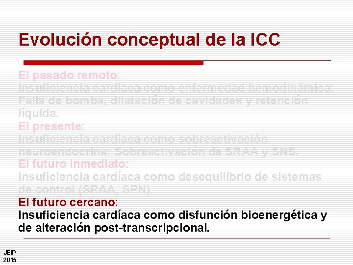 Evolución conceptual de la ICC El pasado remoto: Insuficiencia cardíaca como enfermedad hemodinámica: Falla