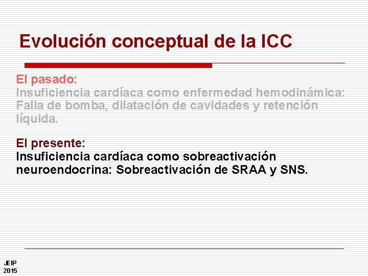 Evolución conceptual de la ICC El pasado: Insuficiencia cardíaca como enfermedad hemodinámica: Falla de