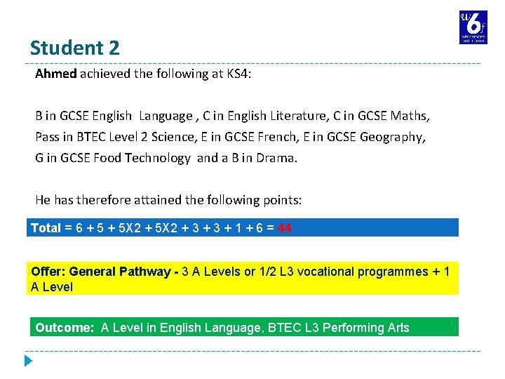 Student 2 Ahmed achieved the following at KS 4: B in GCSE English Language