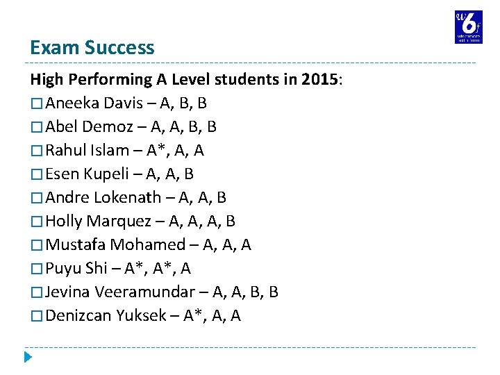 Exam Success High Performing A Level students in 2015: � Aneeka Davis – A,