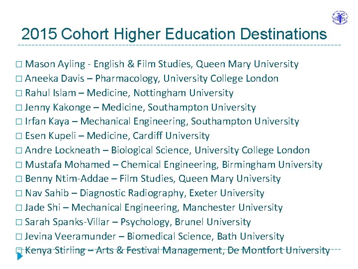 2015 Cohort Higher Education Destinations � Mason Ayling - English & Film Studies, Queen