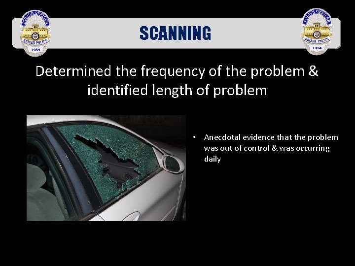 SCANNING Determined the frequency of the problem & identified length of problem • Anecdotal