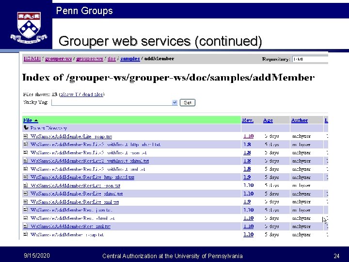 Penn Groups Grouper web services (continued) 9/15/2020 Central Authorization at the University of Pennsylvania