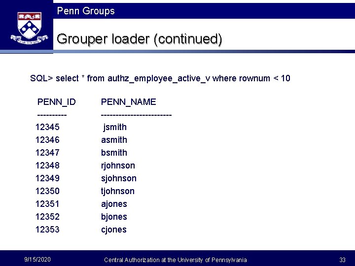 Penn Groups Grouper loader (continued) SQL> select * from authz_employee_active_v where rownum < 10