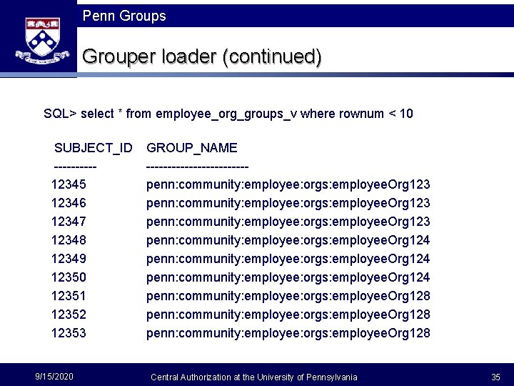 Penn Groups Grouper loader (continued) SQL> select * from employee_org_groups_v where rownum < 10